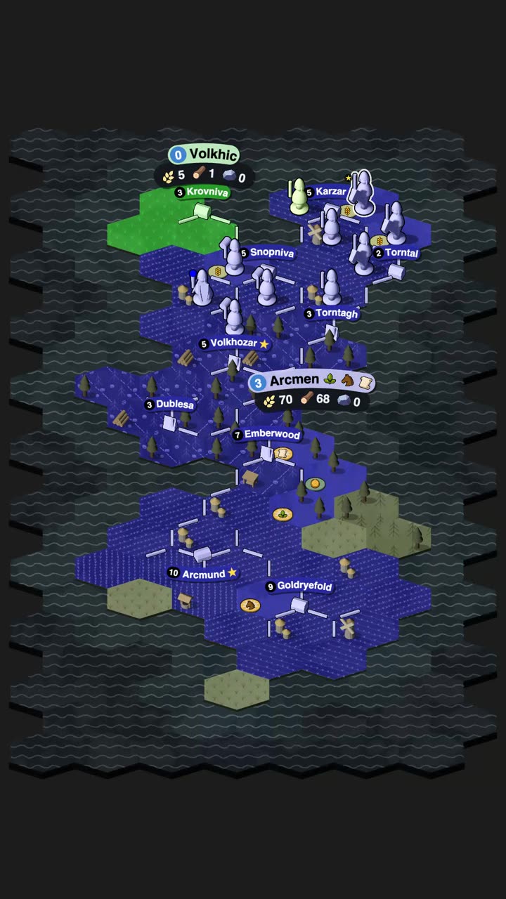 The board of the latest Krestfell Daily Game as it ended: three realms' land in their colours, cities and structures, the winner's army across the map.