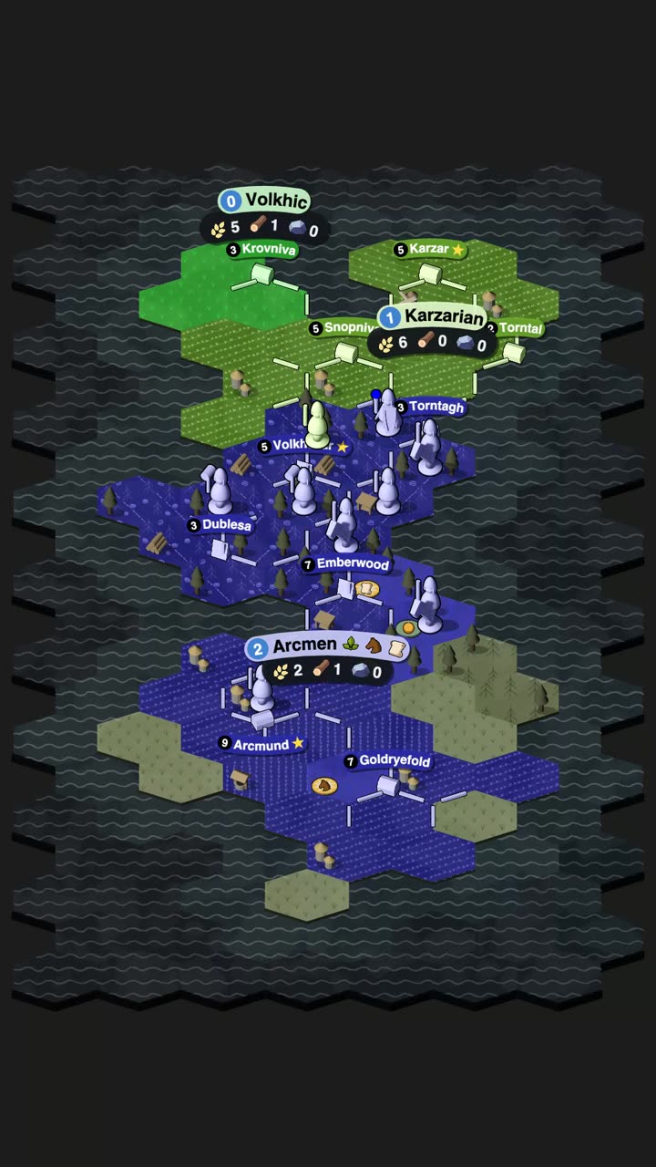 The latest Daily Game's board as its last structure was completed: tended land in each realm's colour, farms and quarries and wells on it.